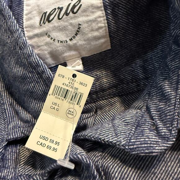 Aerie Anytime Fave Oversized Twill Button Up Shirt, Navy, Women's Large, NWT - Picture 5 of 5